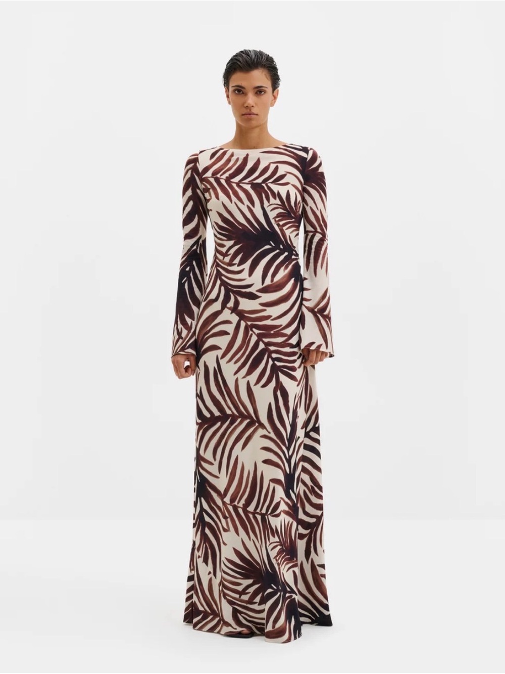 By malina long Sleeve Cream and Brown Leaf-Print Maxi Dress open back size US 4